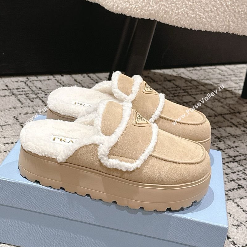 Prada Suede and Shearling Platform Mules 4cm Beige 2025 1XZ778 (HQG-251027012)