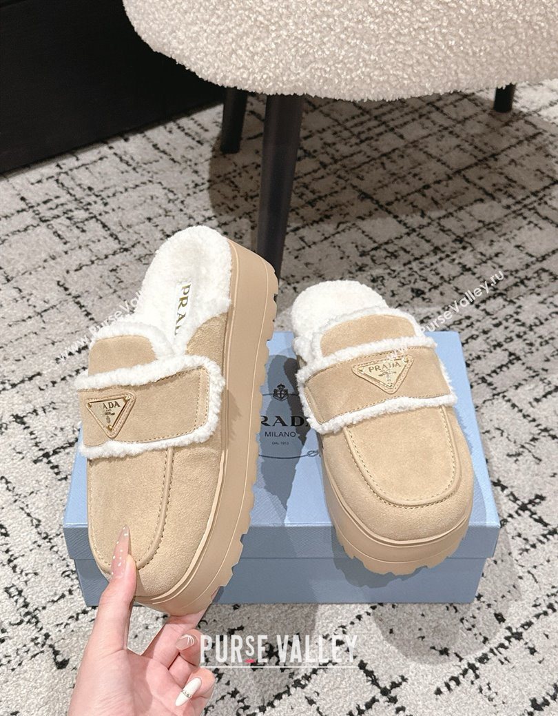 Prada Suede and Shearling Platform Mules 4cm Beige 2025 1XZ778 (HQG-251027012)