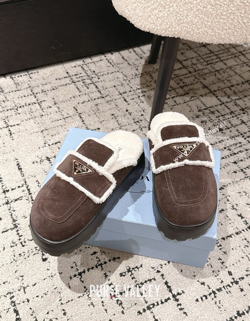 Prada Suede and Shearling Platform Mules 4cm Dark Brown 2025 PR101107 (HQG-251027017)