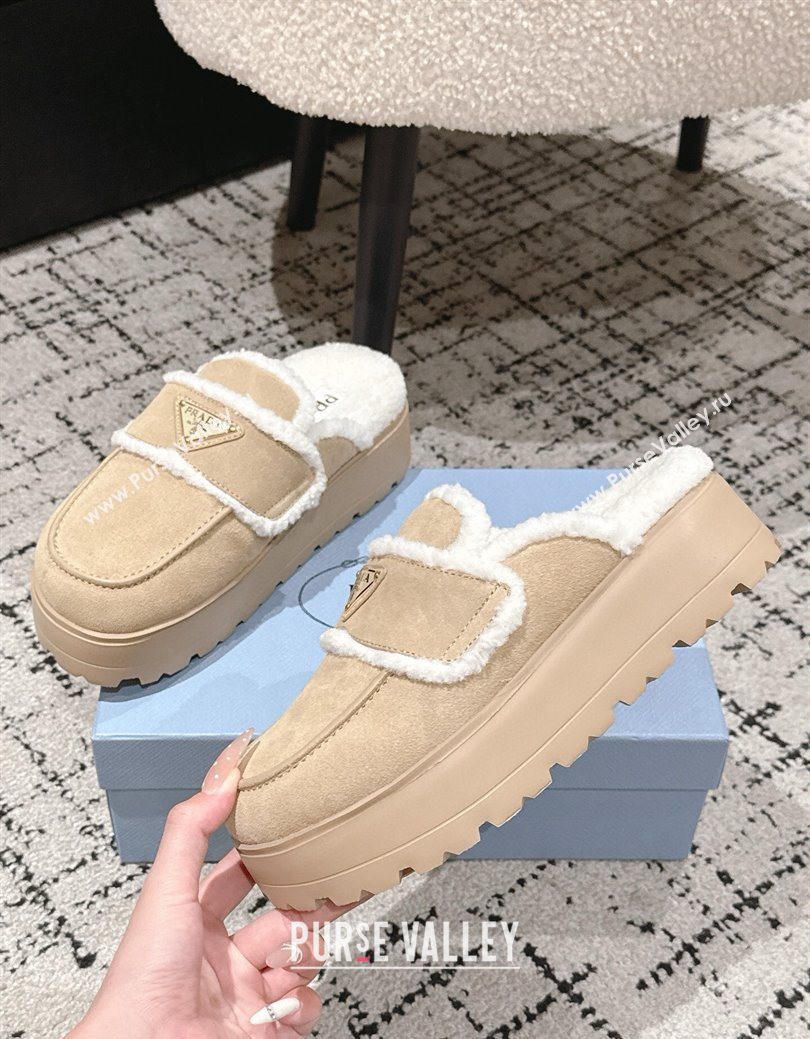 Prada Suede and Shearling Platform Mules 4cm Beige 2025 1XZ778 (HQG-251027012)