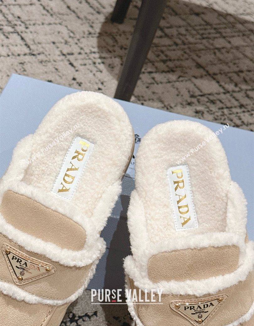 Prada Suede and Shearling Platform Mules 4cm Beige 2025 1XZ778 (HQG-251027012)