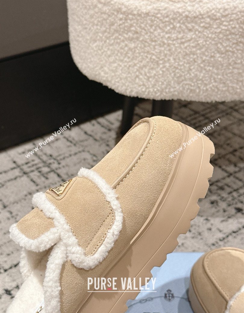 Prada Suede and Shearling Platform Mules 4cm Beige 2025 1XZ778 (HQG-251027012)