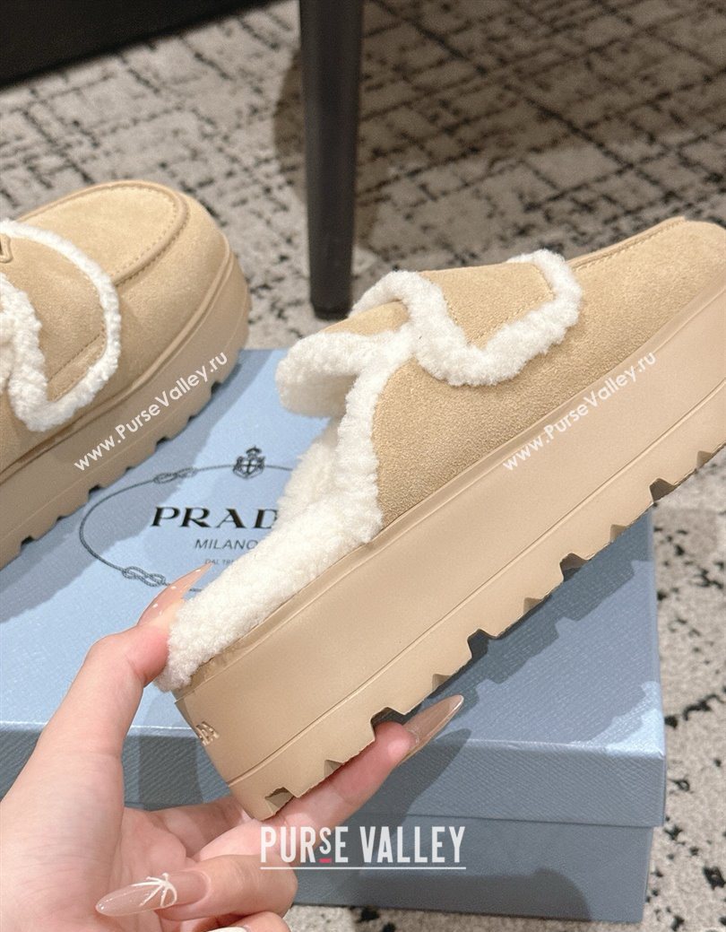 Prada Suede and Shearling Platform Mules 4cm Beige 2025 1XZ778 (HQG-251027012)