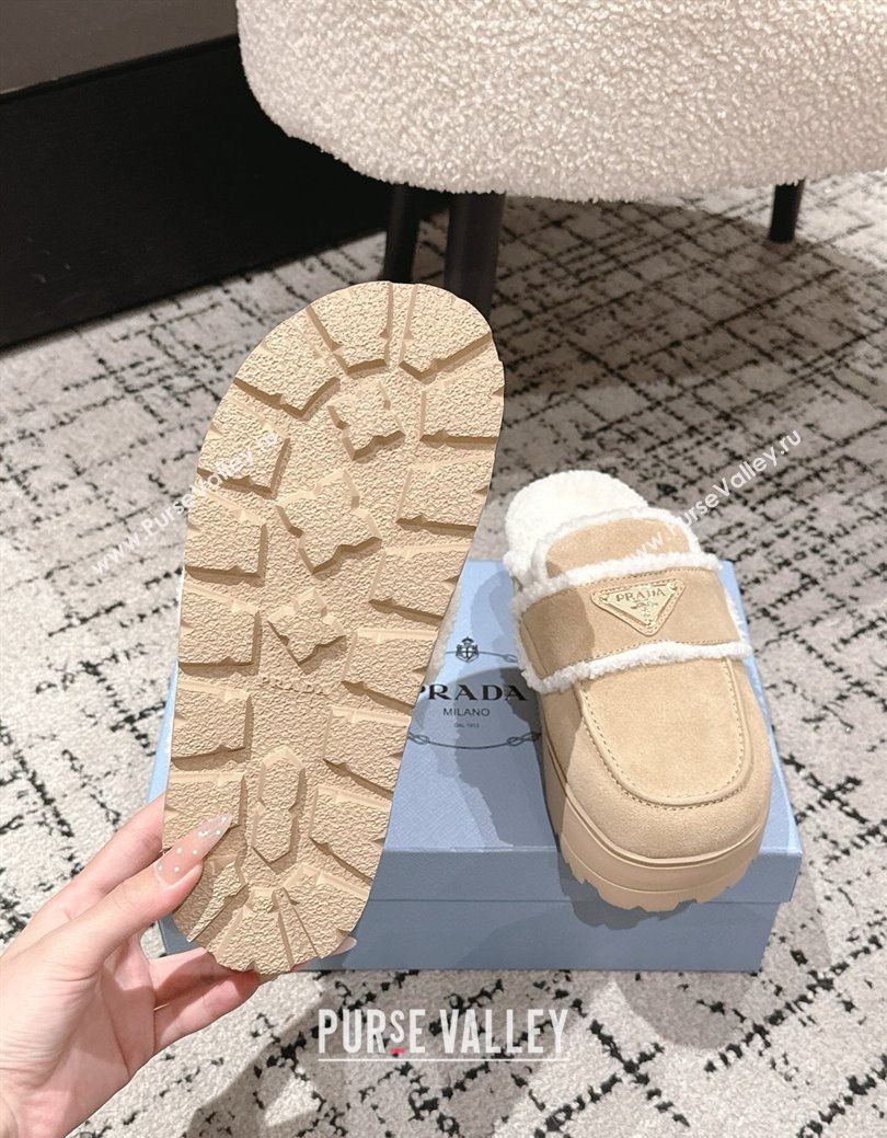 Prada Suede and Shearling Platform Mules 4cm Beige 2025 1XZ778 (HQG-251027012)