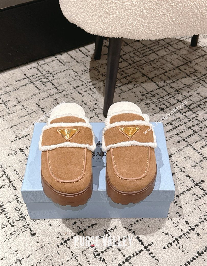 Prada Suede and Shearling Platform Mules 4cm Brown2 2025 1XZ778 (HQG-251027013)