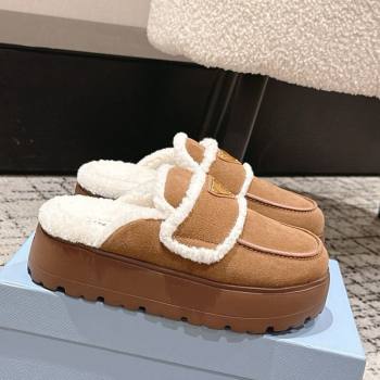 Prada Suede and Shearling Platform Mules 4cm Brown2 2025 1XZ778 (HQG-251027013)