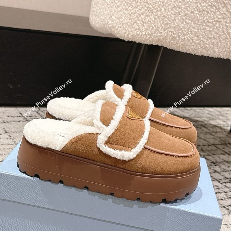 Prada Suede and Shearling Platform Mules 4cm Brown2 2025 1XZ778 (HQG-251027013)