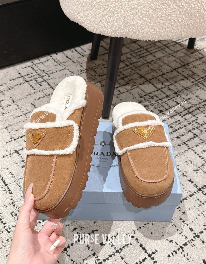 Prada Suede and Shearling Platform Mules 4cm Brown2 2025 1XZ778 (HQG-251027013)