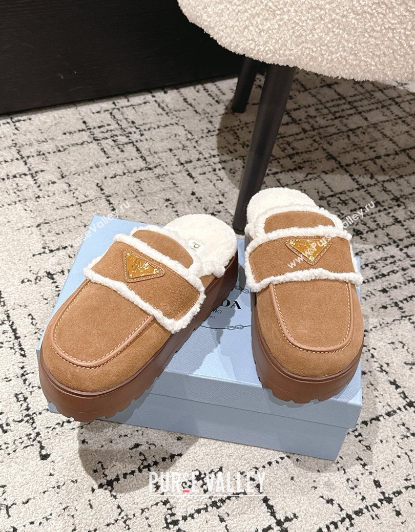 Prada Suede and Shearling Platform Mules 4cm Brown2 2025 1XZ778 (HQG-251027013)