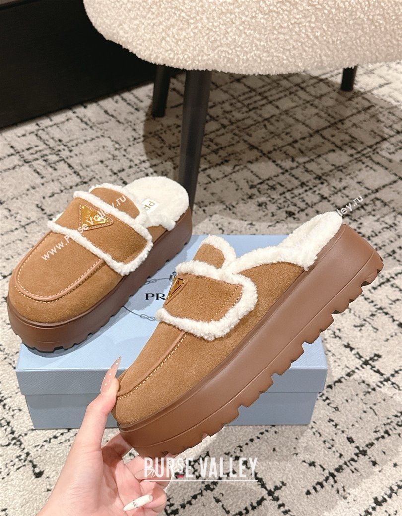 Prada Suede and Shearling Platform Mules 4cm Brown2 2025 1XZ778 (HQG-251027013)