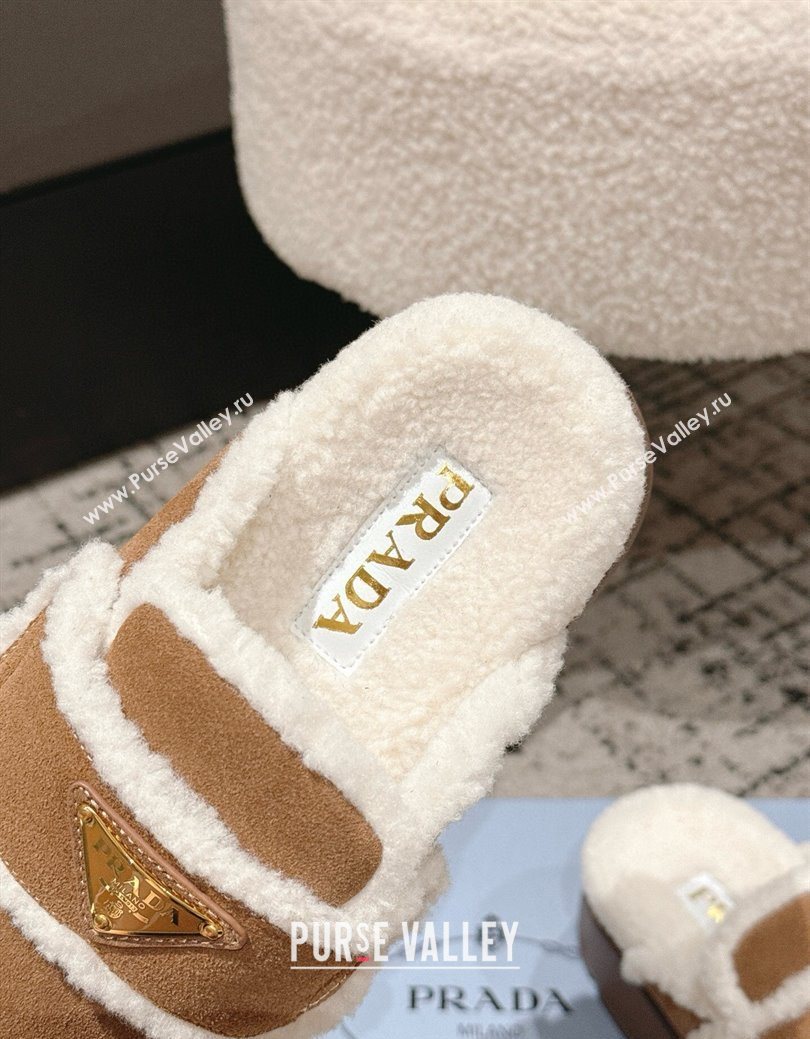 Prada Suede and Shearling Platform Mules 4cm Brown2 2025 1XZ778 (HQG-251027013)