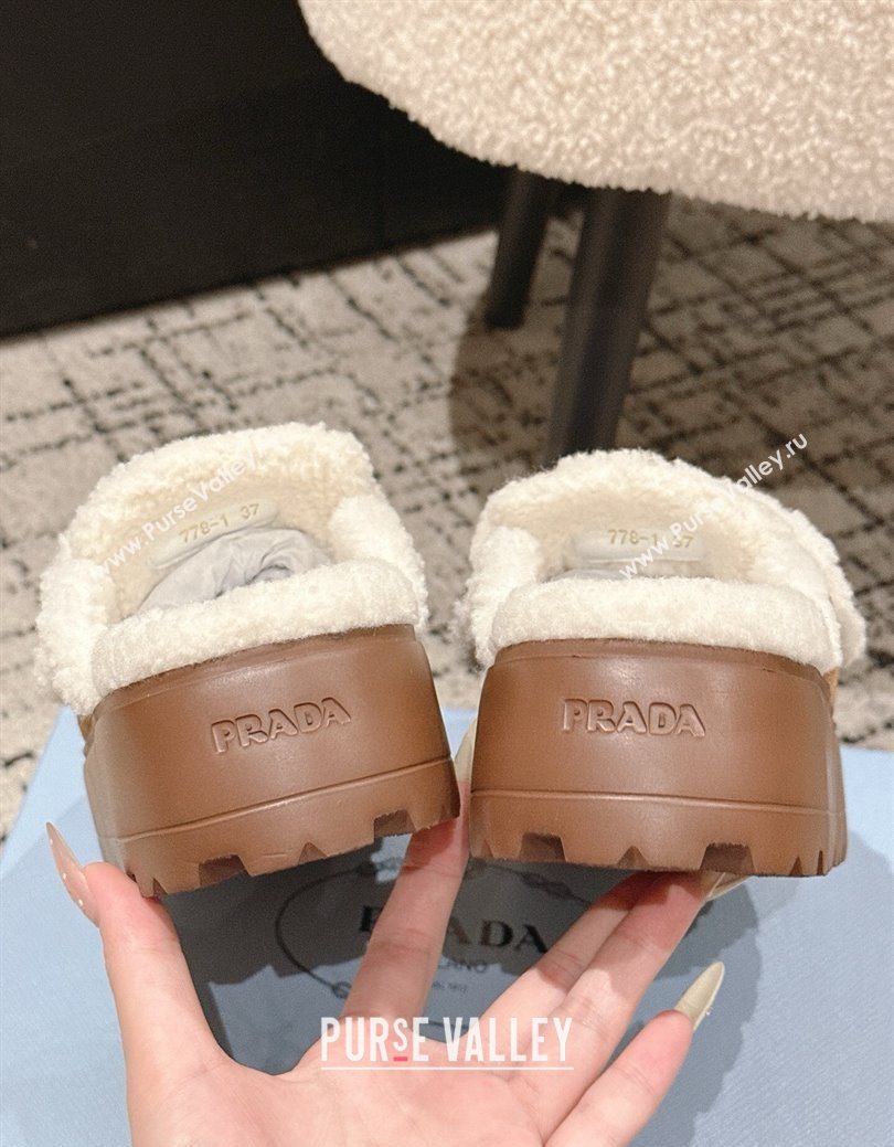 Prada Suede and Shearling Platform Mules 4cm Brown2 2025 1XZ778 (HQG-251027013)