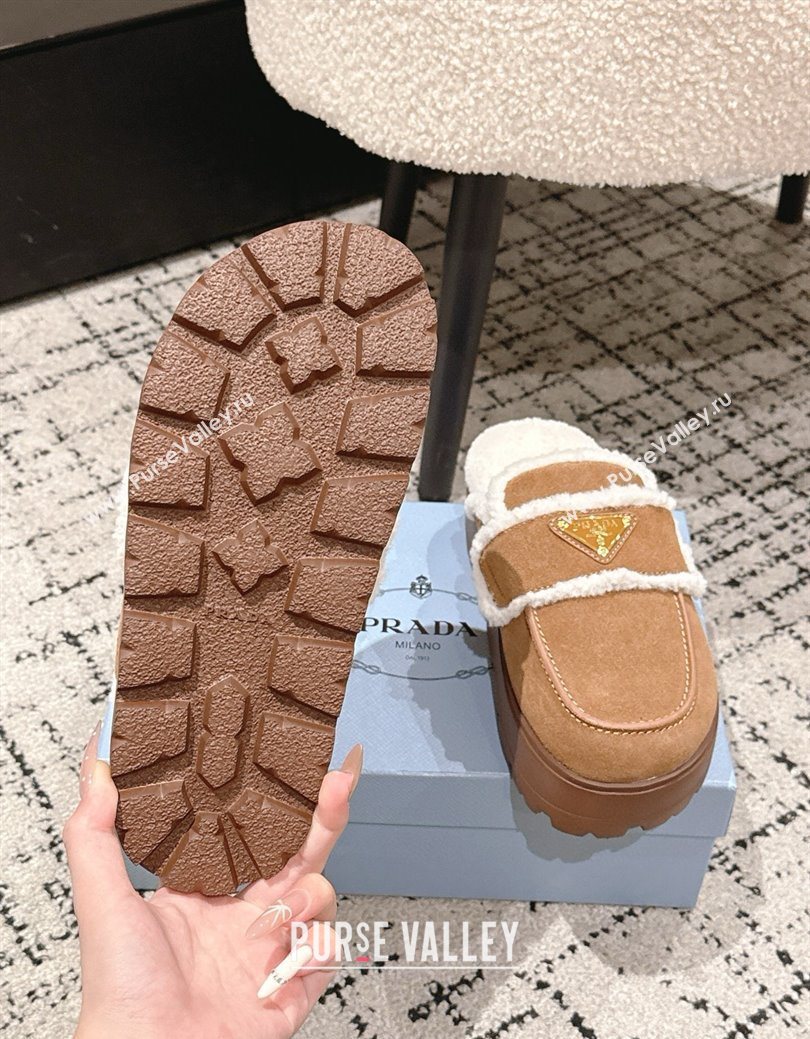 Prada Suede and Shearling Platform Mules 4cm Brown2 2025 1XZ778 (HQG-251027013)
