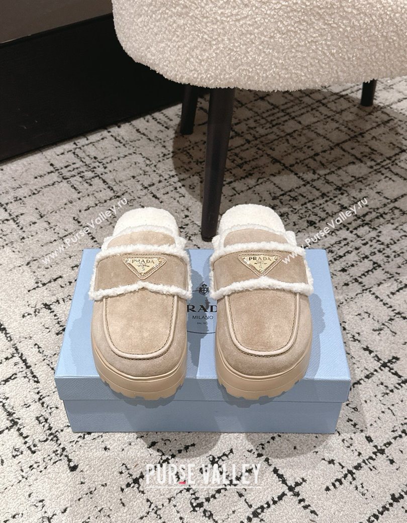 Prada Suede and Shearling Platform Mules 4cm Taupe 2025 1XZ778 (HQG-251027014)