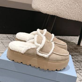 Prada Suede and Shearling Platform Mules 4cm Taupe 2025 1XZ778 (HQG-251027014)