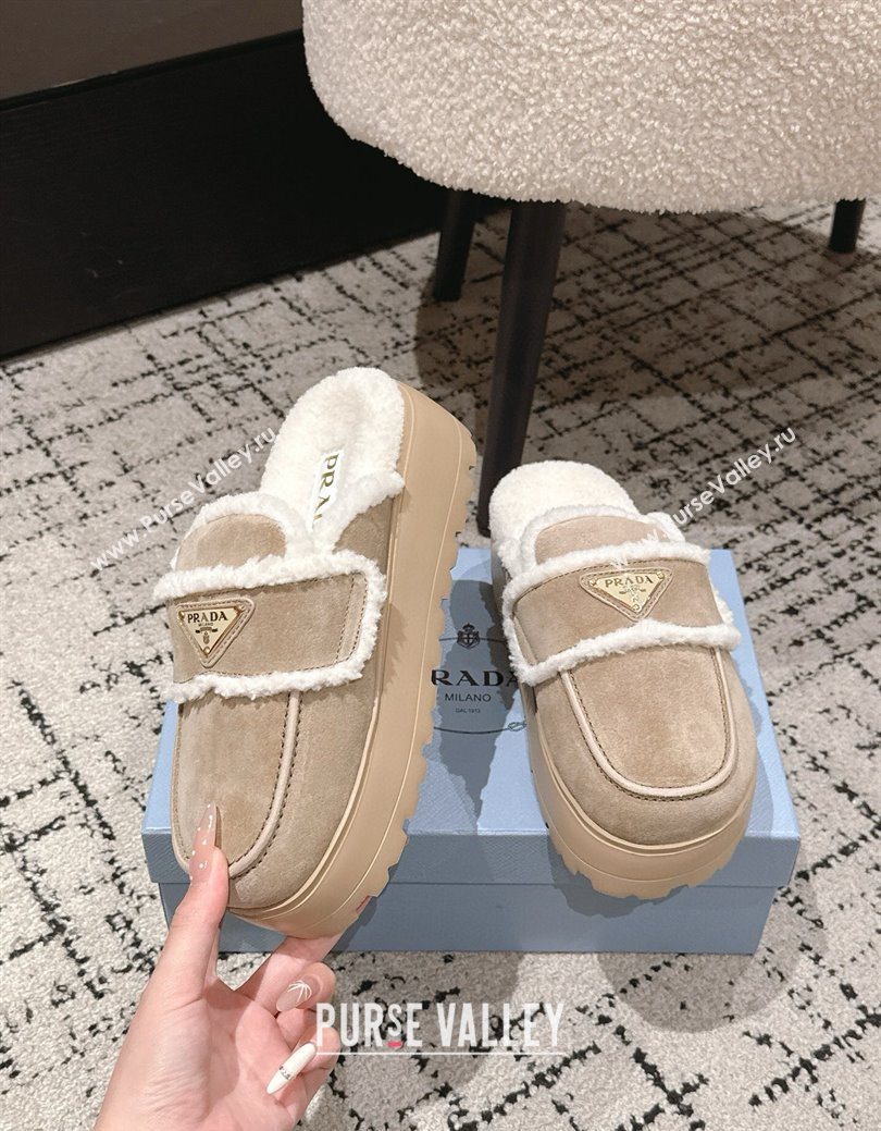 Prada Suede and Shearling Platform Mules 4cm Taupe 2025 1XZ778 (HQG-251027014)