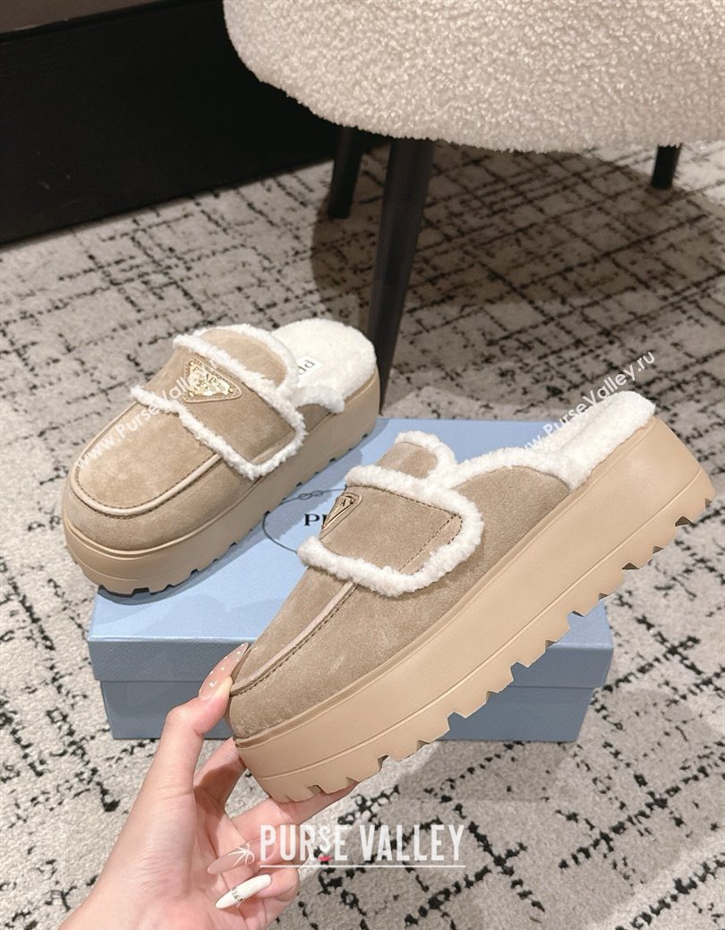 Prada Suede and Shearling Platform Mules 4cm Taupe 2025 1XZ778 (HQG-251027014)