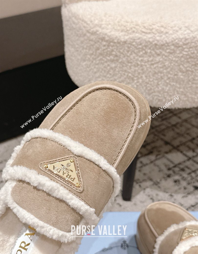 Prada Suede and Shearling Platform Mules 4cm Taupe 2025 1XZ778 (HQG-251027014)