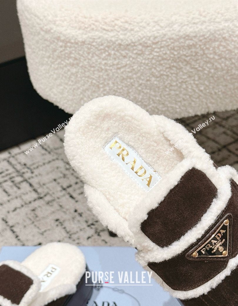 Prada Suede and Shearling Platform Mules 4cm Dark Brown 2025 PR101107 (HQG-251027017)