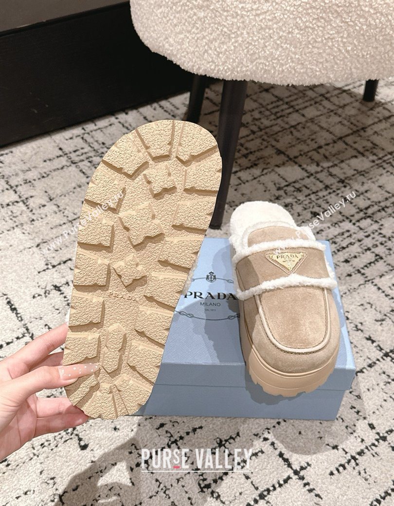 Prada Suede and Shearling Platform Mules 4cm Taupe 2025 1XZ778 (HQG-251027014)