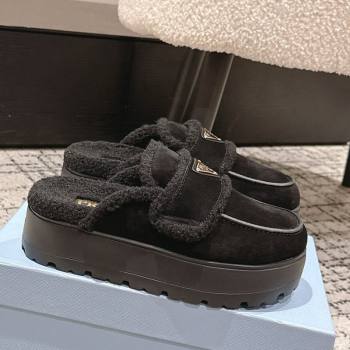 Prada Suede and Shearling Platform Mules 4cm Black 2025 1XZ778 (HQG-251027015)