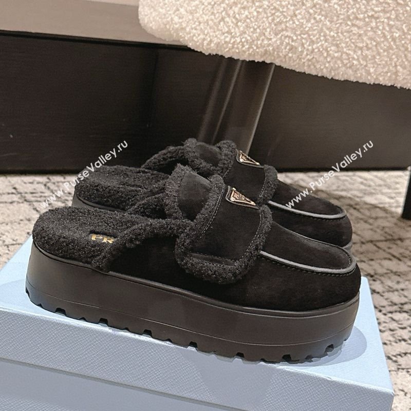 Prada Suede and Shearling Platform Mules 4cm Black 2025 1XZ778 (HQG-251027015)