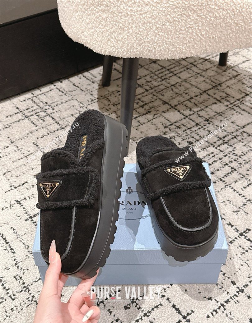 Prada Suede and Shearling Platform Mules 4cm Black 2025 1XZ778 (HQG-251027015)
