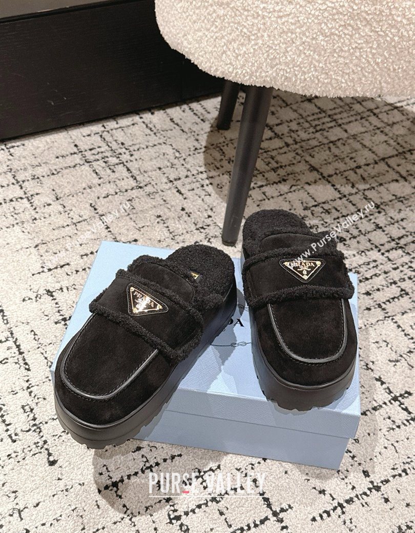 Prada Suede and Shearling Platform Mules 4cm Black 2025 1XZ778 (HQG-251027015)