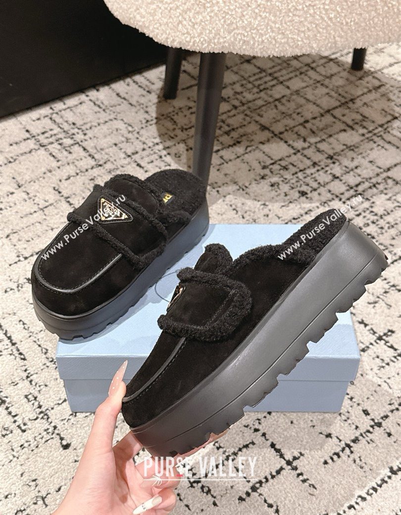 Prada Suede and Shearling Platform Mules 4cm Black 2025 1XZ778 (HQG-251027015)