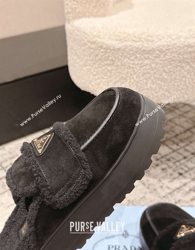 Prada Suede and Shearling Platform Mules 4cm Black 2025 1XZ778 (HQG-251027015)