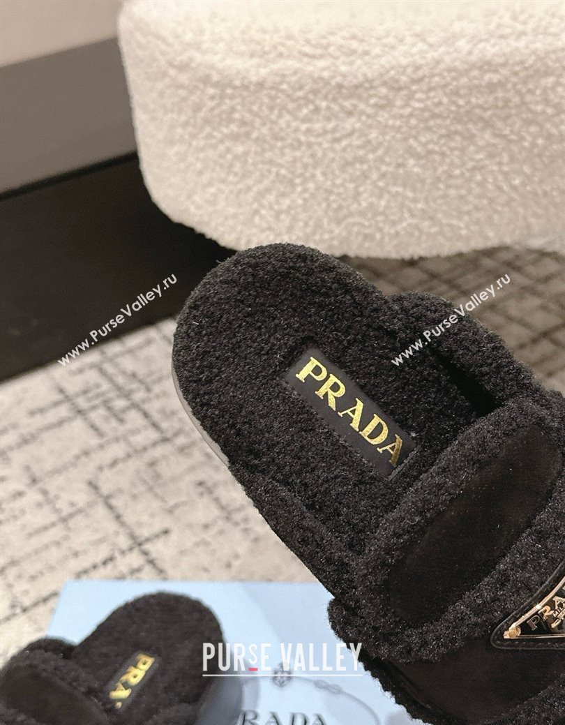 Prada Suede and Shearling Platform Mules 4cm Black 2025 1XZ778 (HQG-251027015)