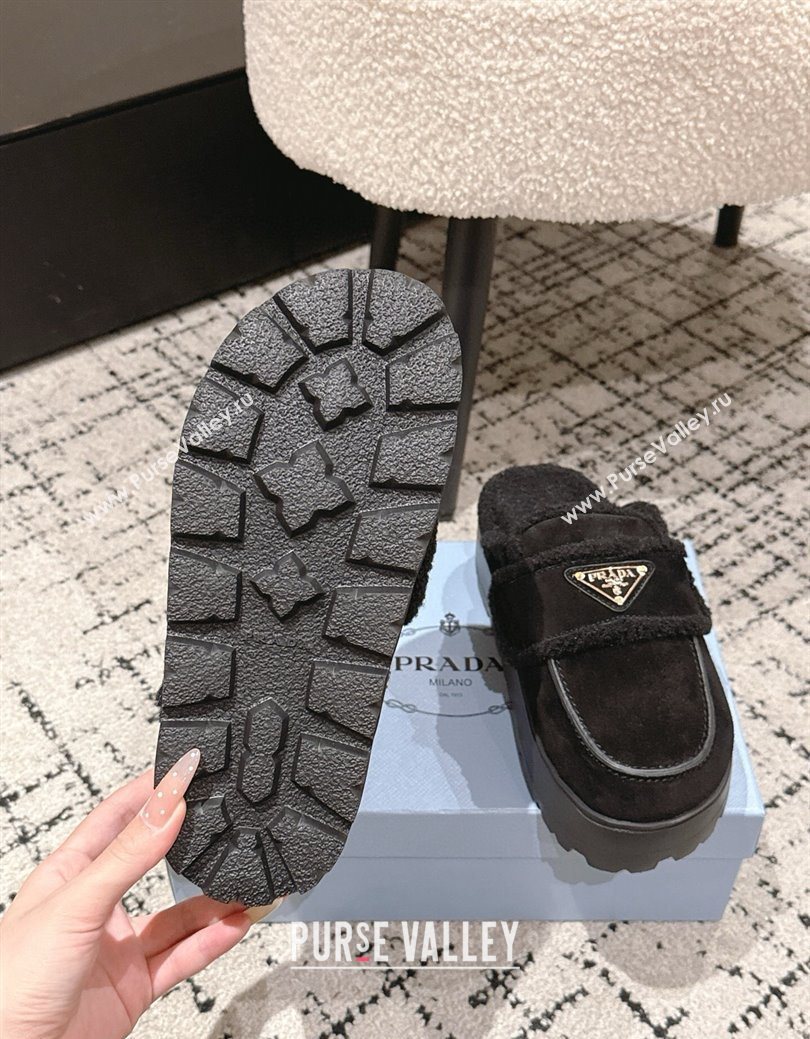 Prada Suede and Shearling Platform Mules 4cm Black 2025 1XZ778 (HQG-251027015)