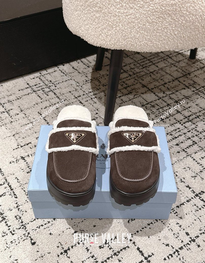 Prada Suede and Shearling Platform Mules 4cm Dark Brown 2025 1XZ778 (HQG-251027016)