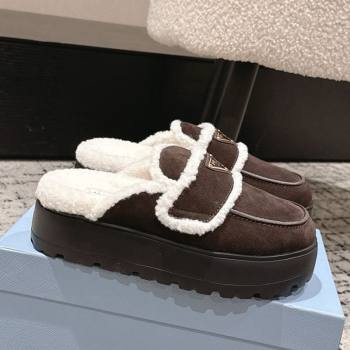 Prada Suede and Shearling Platform Mules 4cm Dark Brown 2025 1XZ778 (HQG-251027016)