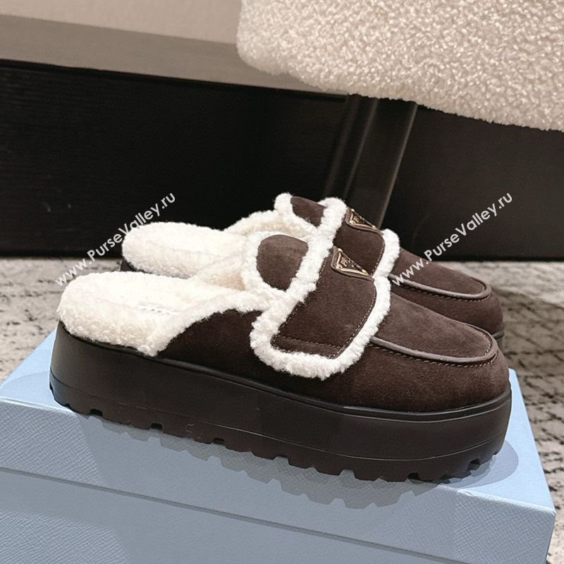 Prada Suede and Shearling Platform Mules 4cm Dark Brown 2025 1XZ778 (HQG-251027016)