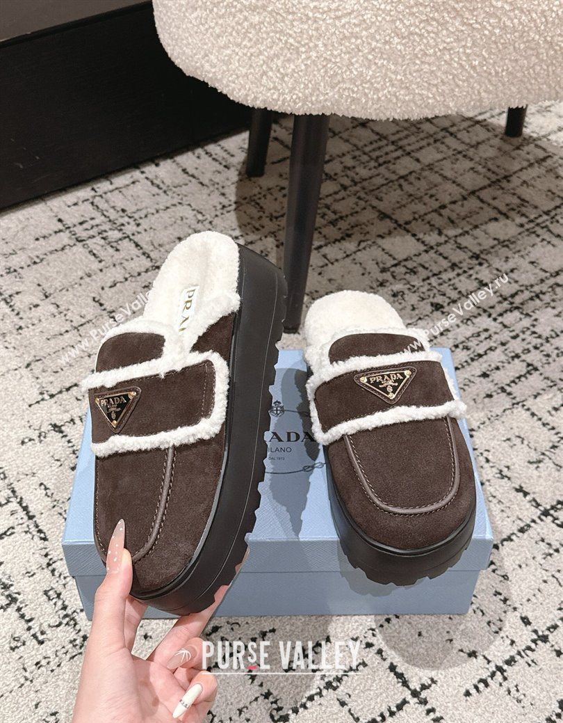 Prada Suede and Shearling Platform Mules 4cm Dark Brown 2025 1XZ778 (HQG-251027016)