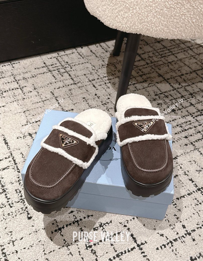 Prada Suede and Shearling Platform Mules 4cm Dark Brown 2025 1XZ778 (HQG-251027016)