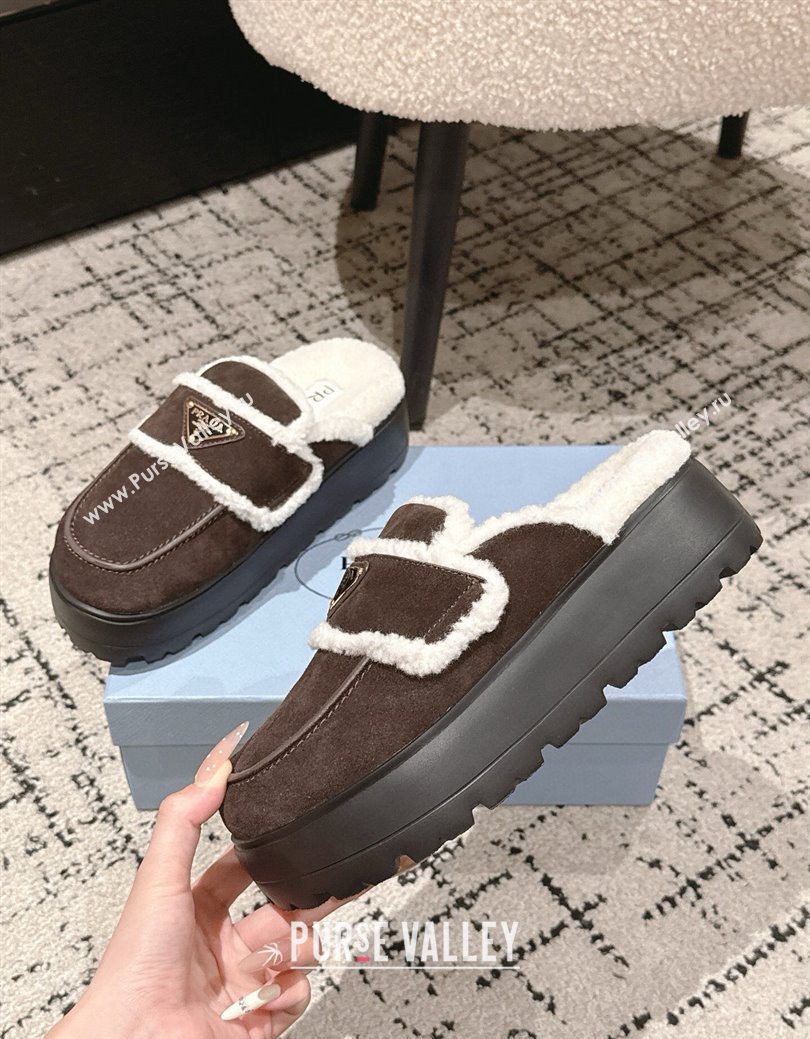 Prada Suede and Shearling Platform Mules 4cm Dark Brown 2025 1XZ778 (HQG-251027016)