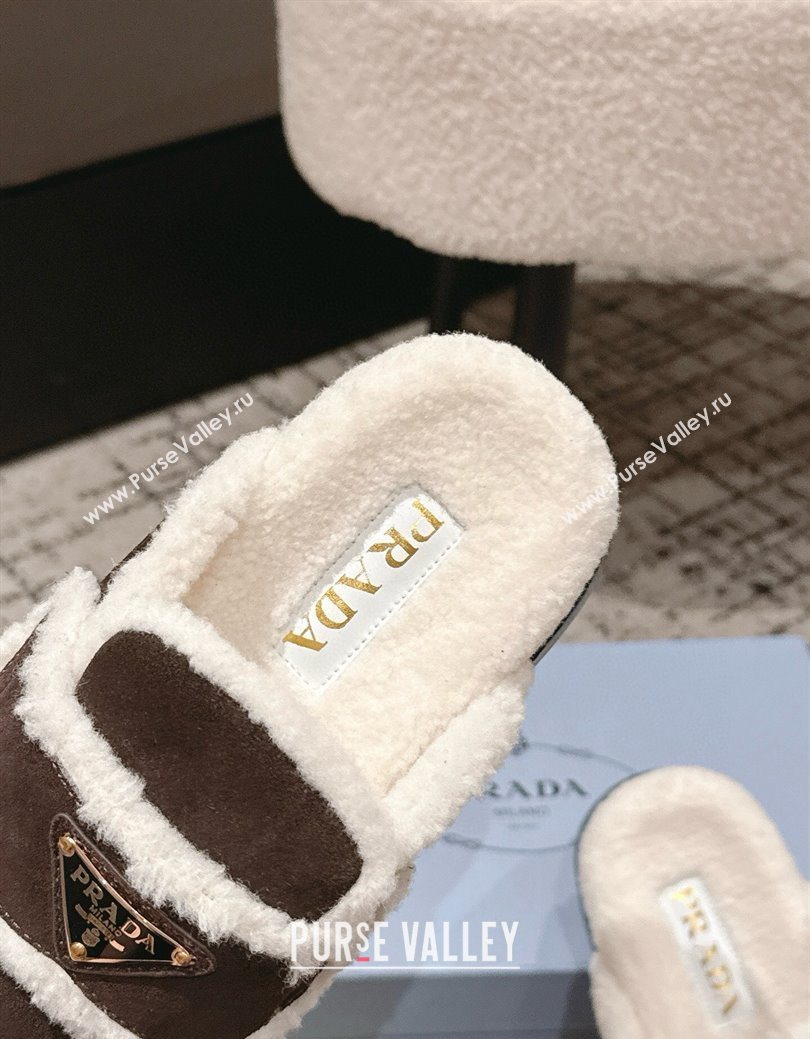 Prada Suede and Shearling Platform Mules 4cm Dark Brown 2025 1XZ778 (HQG-251027016)