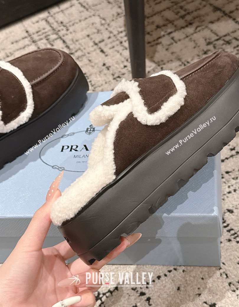 Prada Suede and Shearling Platform Mules 4cm Dark Brown 2025 1XZ778 (HQG-251027016)