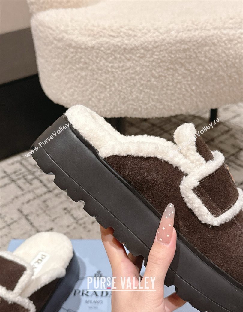 Prada Suede and Shearling Platform Mules 4cm Dark Brown 2025 PR101107 (HQG-251027017)