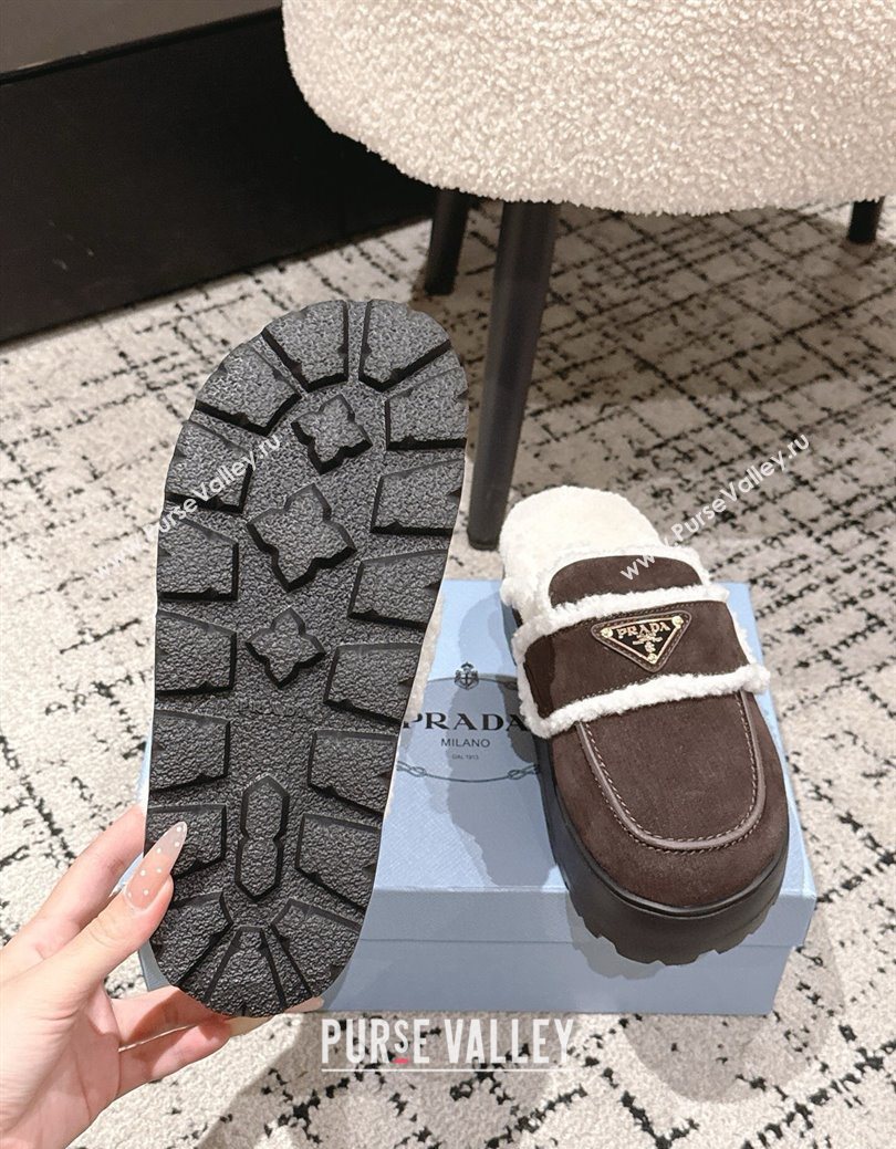 Prada Suede and Shearling Platform Mules 4cm Dark Brown 2025 1XZ778 (HQG-251027016)