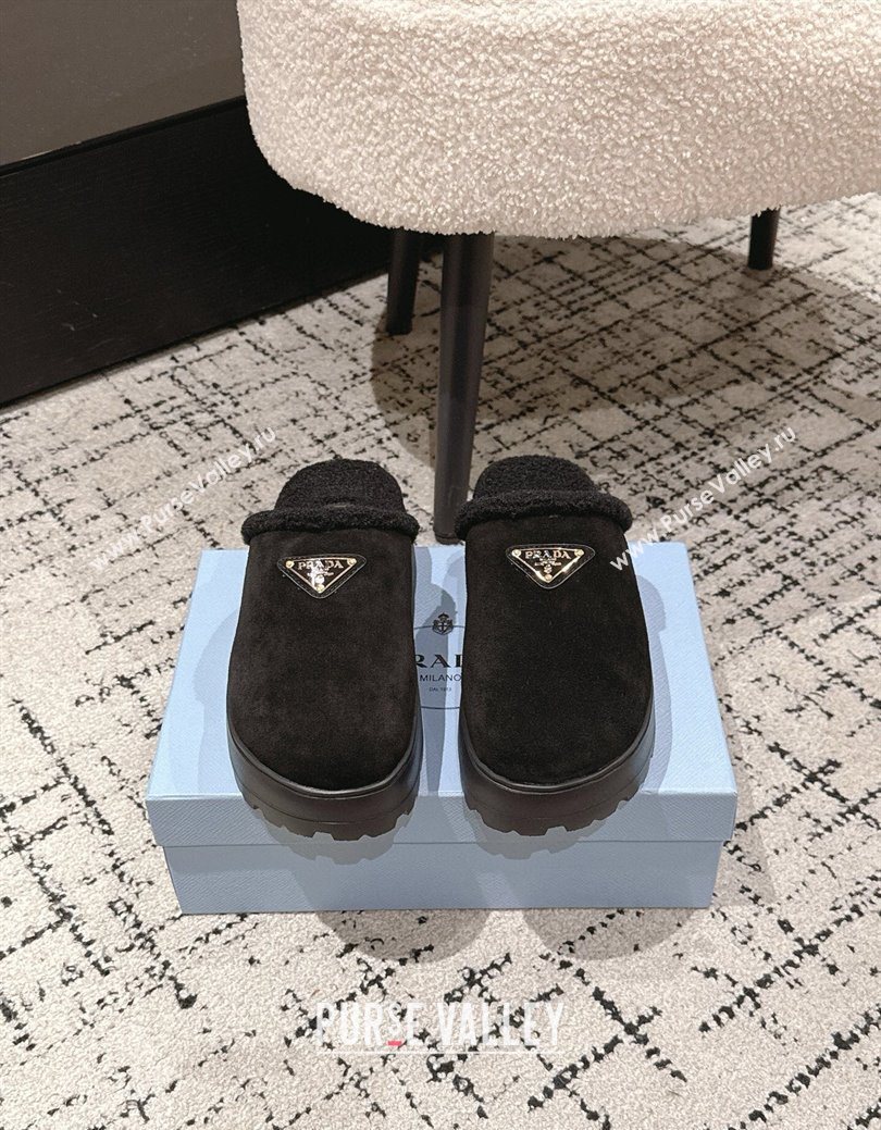 Prada Suede and Shearling Platform Mules 4cm Black 2025 PR102702 (HQG-251027022)