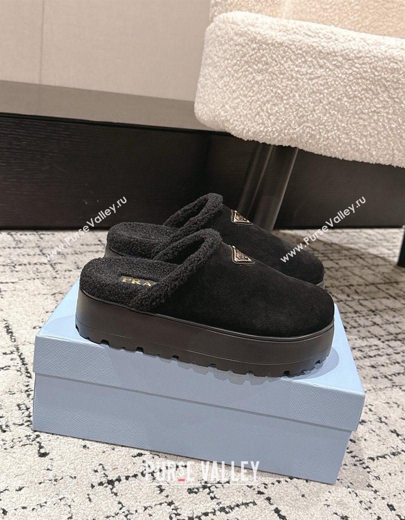 Prada Suede and Shearling Platform Mules 4cm Black 2025 PR102702 (HQG-251027022)