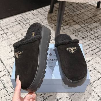 Prada Suede and Shearling Platform Mules 4cm Black 2025 PR102702 (HQG-251027022)