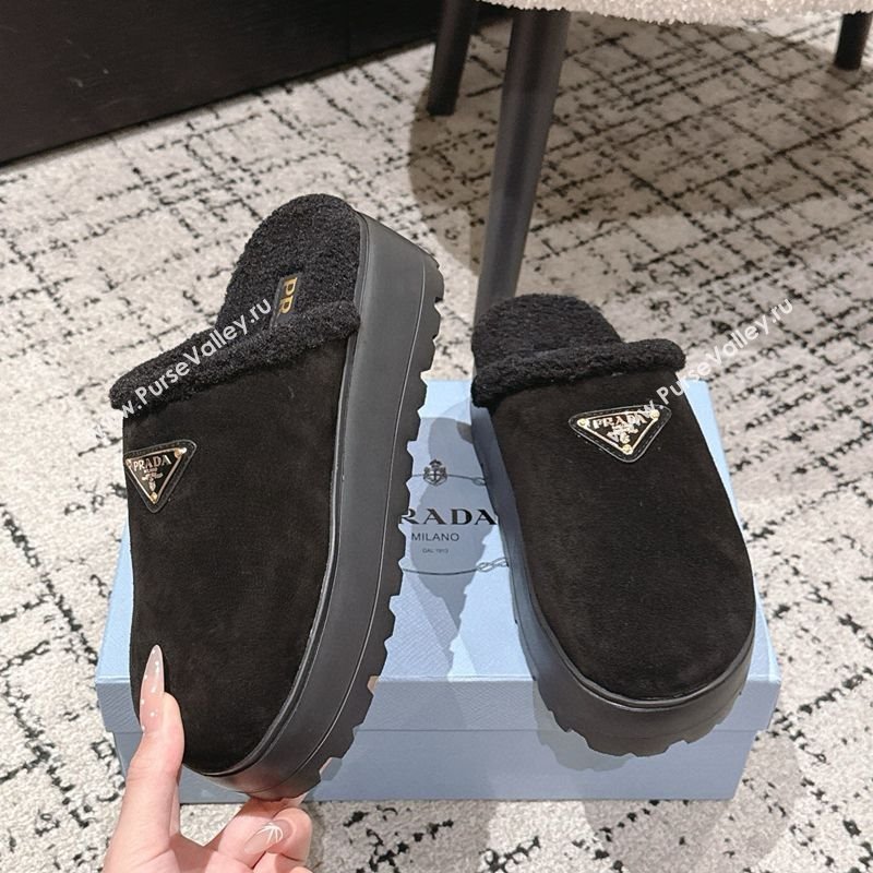 Prada Suede and Shearling Platform Mules 4cm Black 2025 PR102702 (HQG-251027022)
