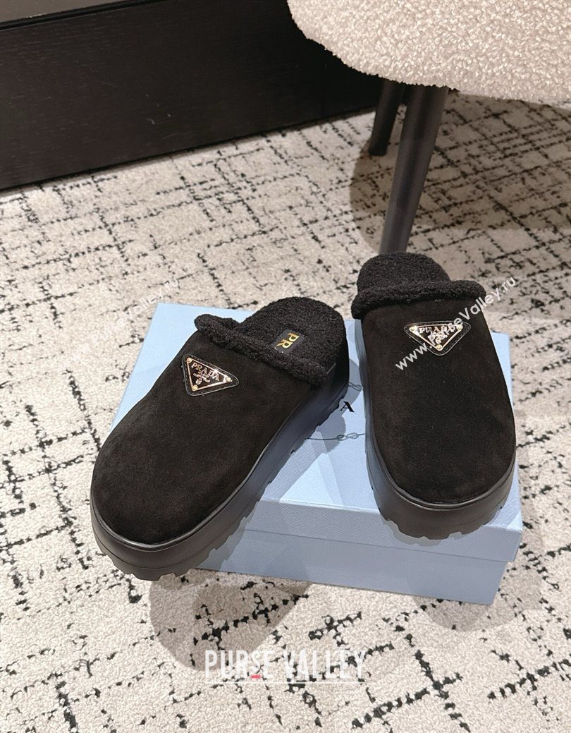 Prada Suede and Shearling Platform Mules 4cm Black 2025 PR102702 (HQG-251027022)