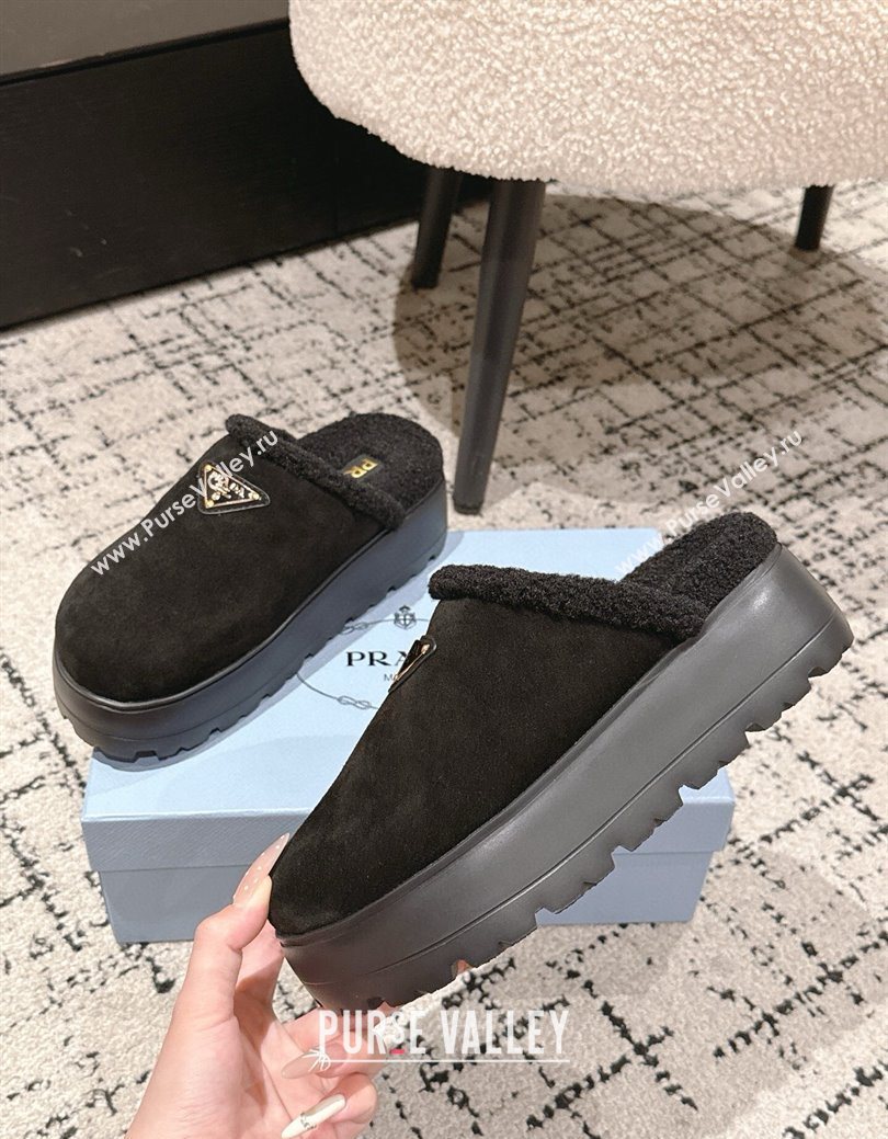 Prada Suede and Shearling Platform Mules 4cm Black 2025 PR102702 (HQG-251027022)