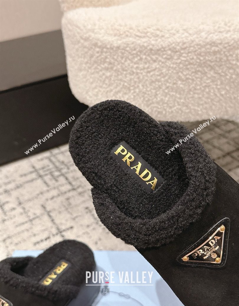 Prada Suede and Shearling Platform Mules 4cm Black 2025 PR102702 (HQG-251027022)