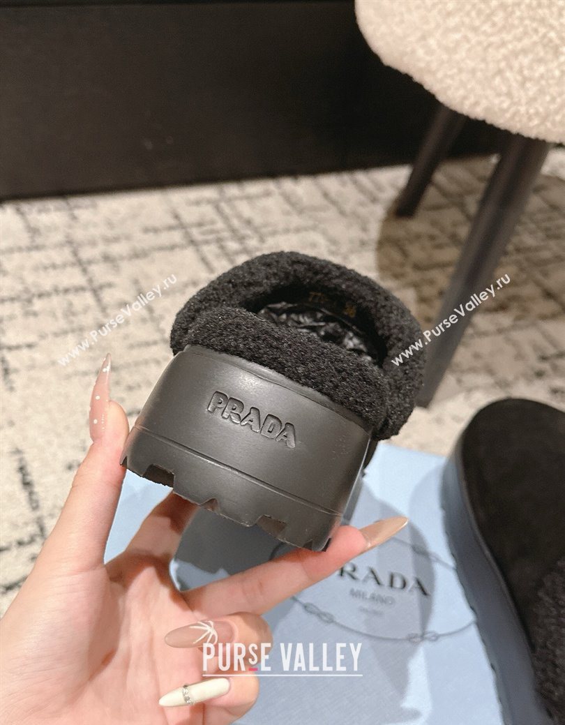 Prada Suede and Shearling Platform Mules 4cm Black 2025 PR102702 (HQG-251027022)